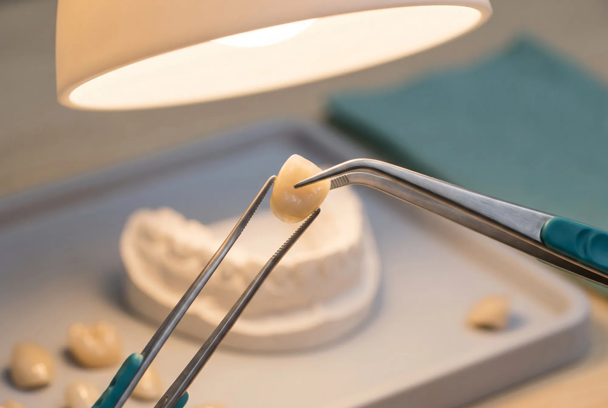 Coroană ceramică ținută cu o pensă dentară, lângă un model din ghips