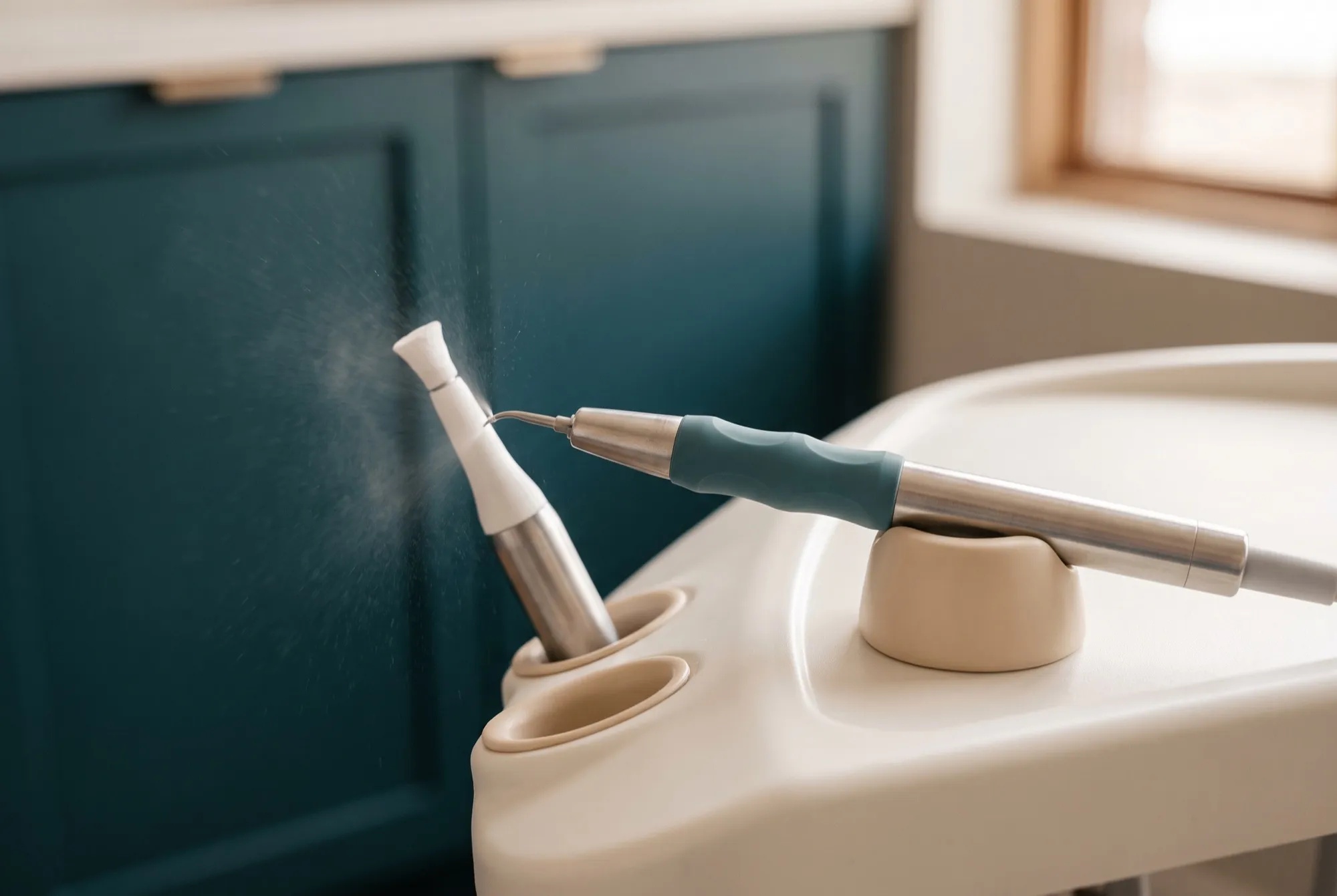 Piesă de detartraj cu ultrasunete și spray de lustruire, pe unitul dentar